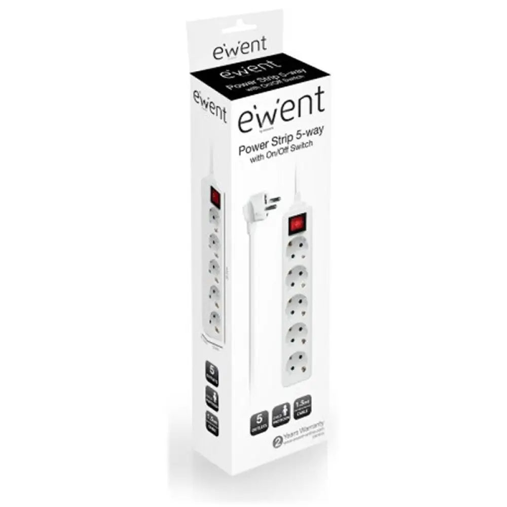 Regleta EWENT EW3916 con 5 tomas, 1 interruptor y cable de 1.5 metros para conexión eléctrica segura y práctica.
