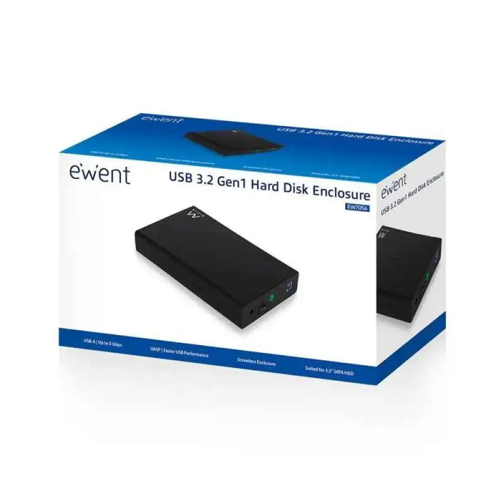 Caja externa EWENT EW7056 para disco duro 3.5" SATA a USB 3.0, con conexión rápida y diseño compacto.