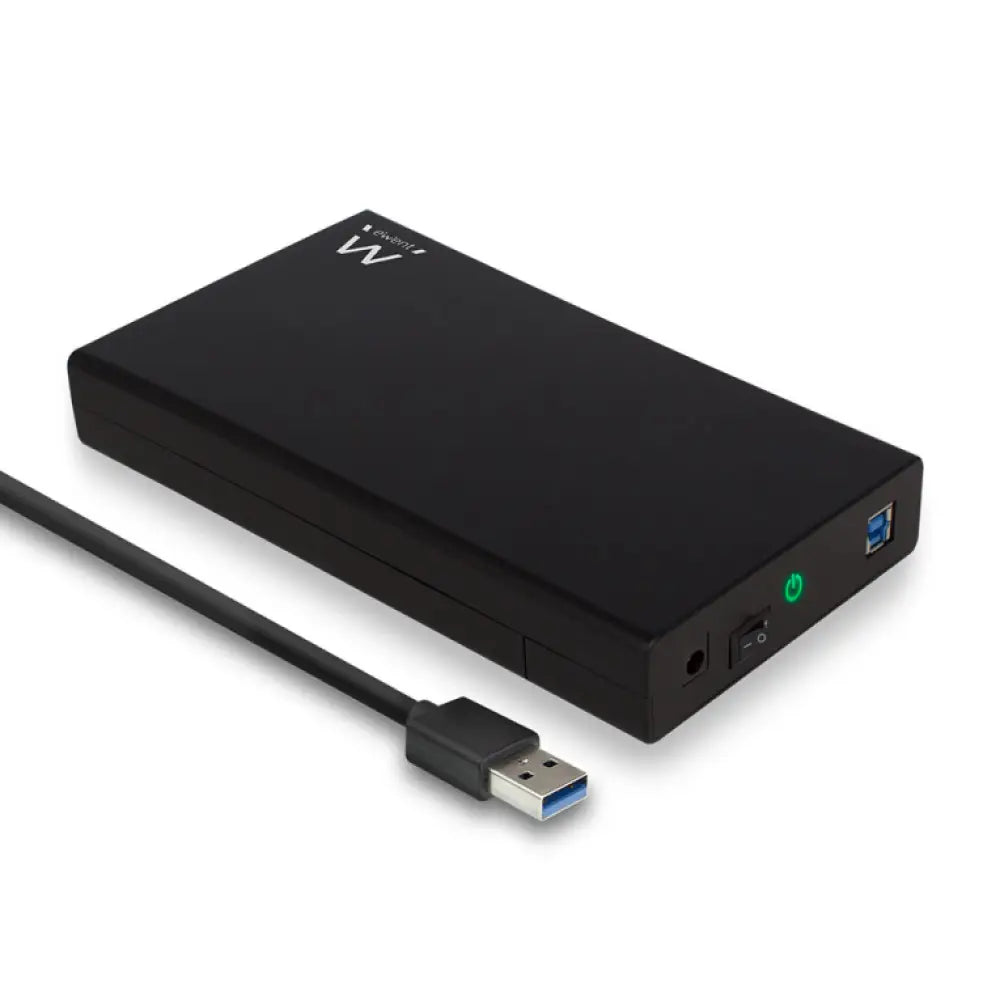 Carcasa negra para disco duro externo EWENT EW7056, compatible con HDD de 3.5 pulgadas, vista frontal y detalles del producto.