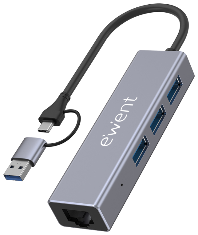 EWENT HUB 3 PUERTOS USB-A 3.1 + 1 PUERTO GIGABIT, COMPATIBLE USB-C