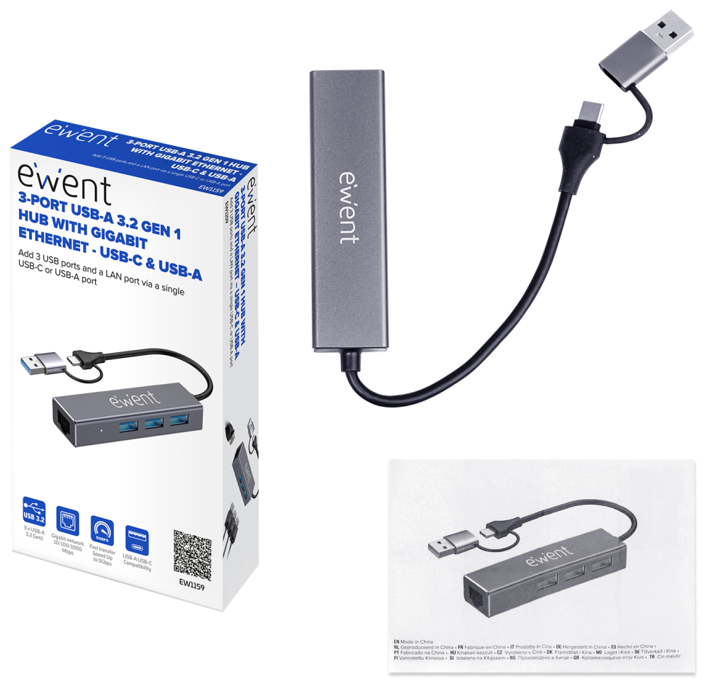 EWENT HUB 3 PUERTOS USB-A 3.1 + 1 PUERTO GIGABIT, COMPATIBLE USB-C - detalle