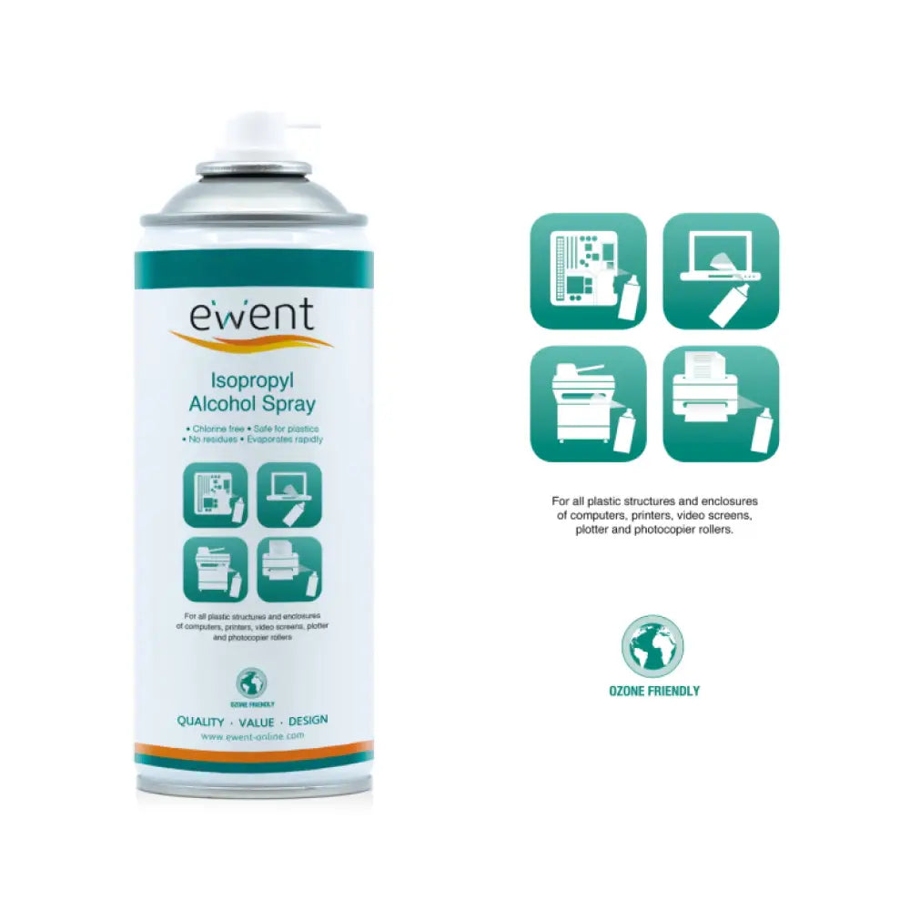 Toallitas de limpieza para pantallas EWENT con pulverizador de alcohol isopropílico de 400 mL, ideales para limpiar dispositivos electrónicos.
