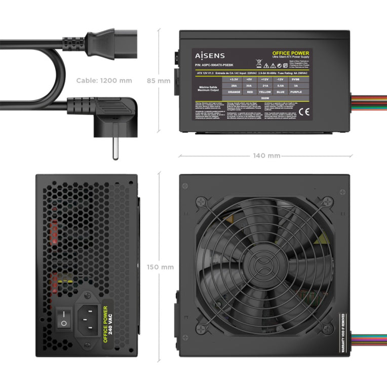FUENTE ALIMENTACION AISENS ATX 500W CABLE ALIMENTACION OEM NEGRA - detalle