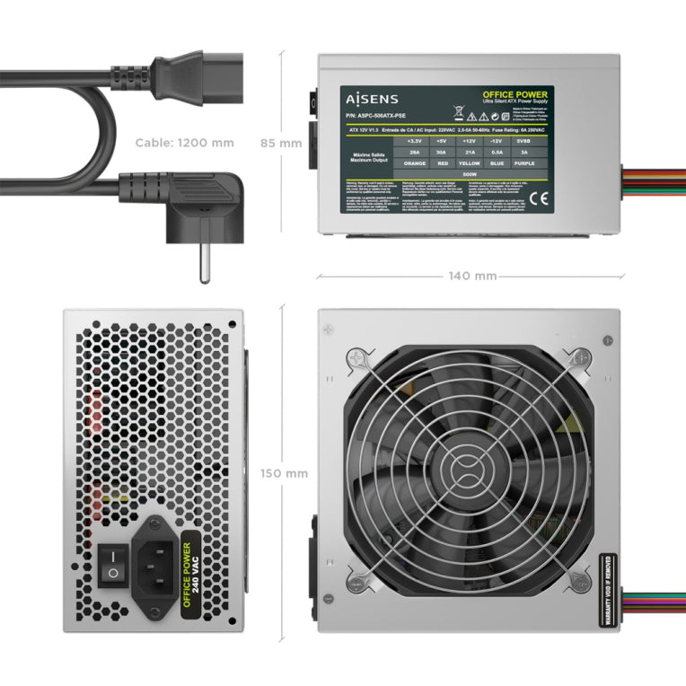 FUENTE ALIMENTACION AISENS ATX 500W CABLE ALIMENTACION OEM PLATA - detalle