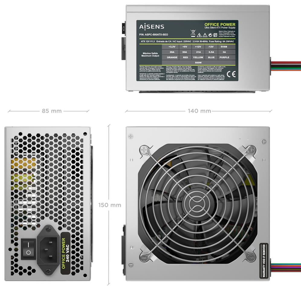 FUENTE ALIMENTACION AISENS ATX 500W OEM PLATA - detalle