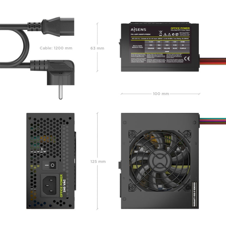 FUENTE ALIMENTACION AISENS SFX 500W CABLE ALIMENTACION OEM NEGRA - detalle