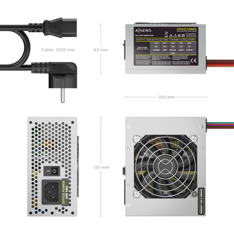 FUENTE ALIMENTACION AISENS SFX 500W CABLE ALIMENTACION OEM PLATA - detalle