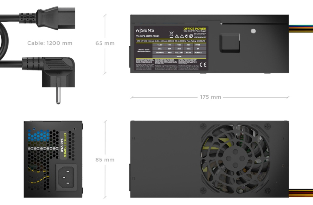 FUENTE ALIMENTACION AISENS TFX 500W CABLE ALIMENTACION OEM NEGRA - detalle