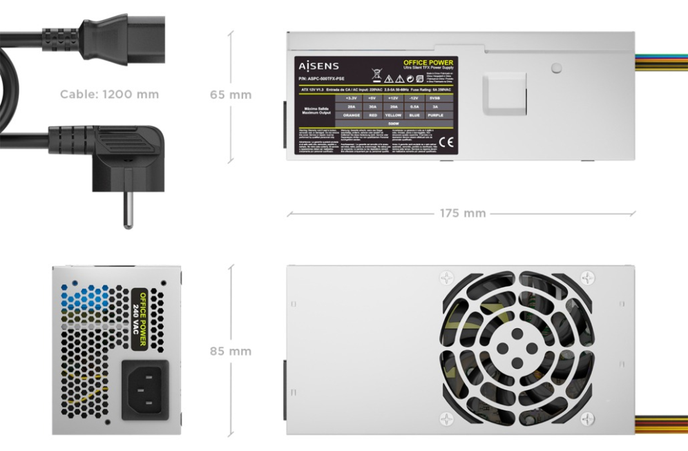 FUENTE ALIMENTACION AISENS TFX 500W CABLE ALIMENTACION OEM PLATA - detalle