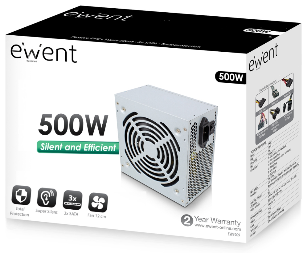 FUENTE ALIMENTACION EWENT ATX 500W V2.3 PRO LINE 3XSATA PPFC - detalle