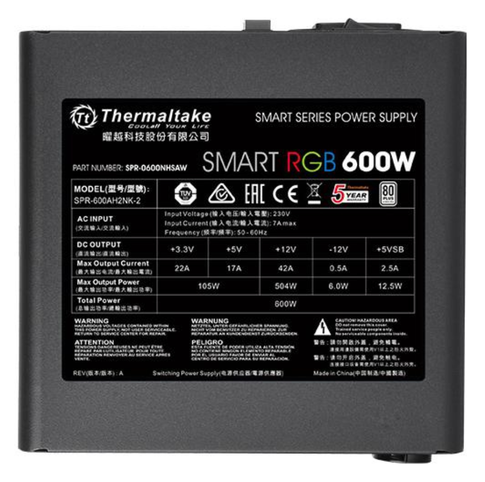 FUENTE ALIMENTACION THERMALTAKE SMART RGB 600W 80+ ATX NEGRO - detalle