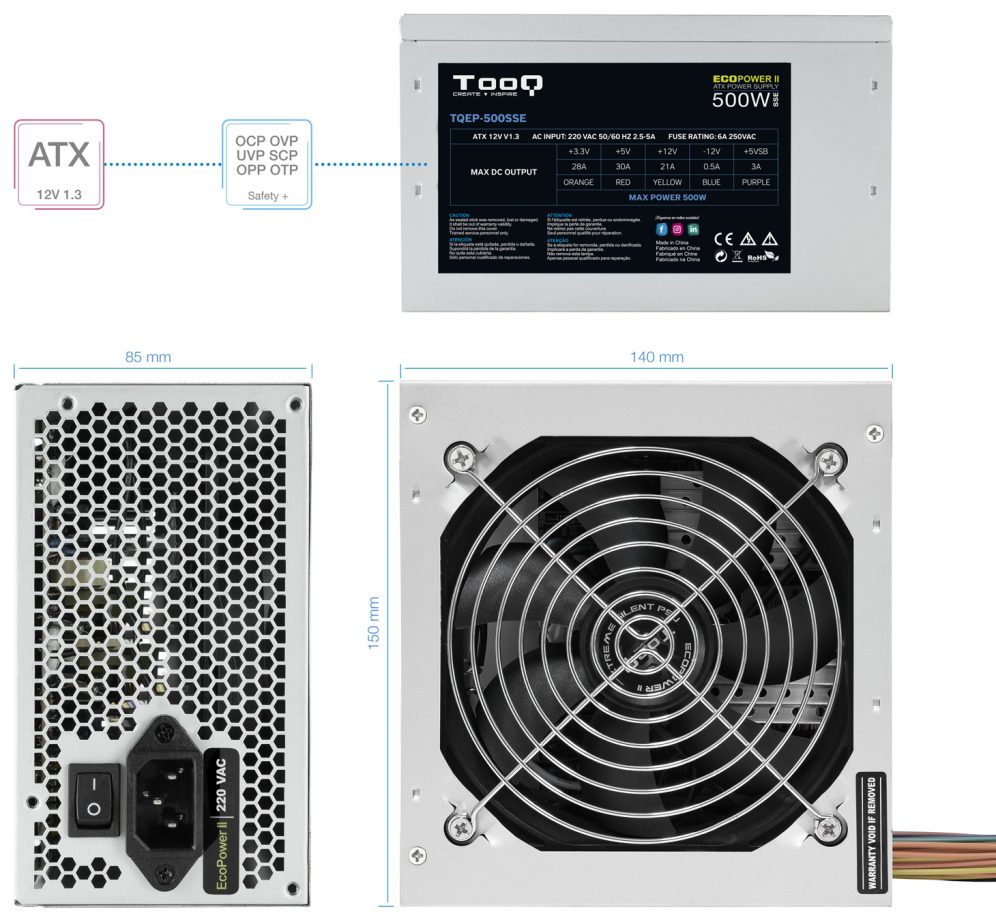 FUENTE ALIMENTACION TOOQ 500WCON CABLE ALIMENTACION - detalle