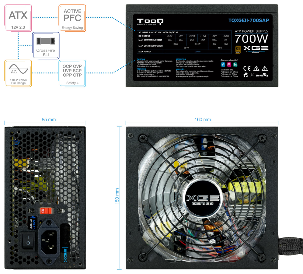 FUENTE ALIMENTACION TOOQ XGEII 700W 80+BRONZE LED - detalle