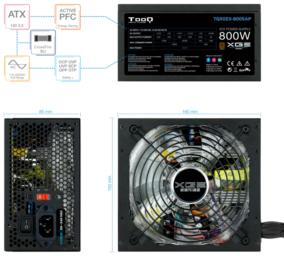 FUENTE ALIMENTACION TOOQ XGEII 800W 80+BRONZE LED - detalle