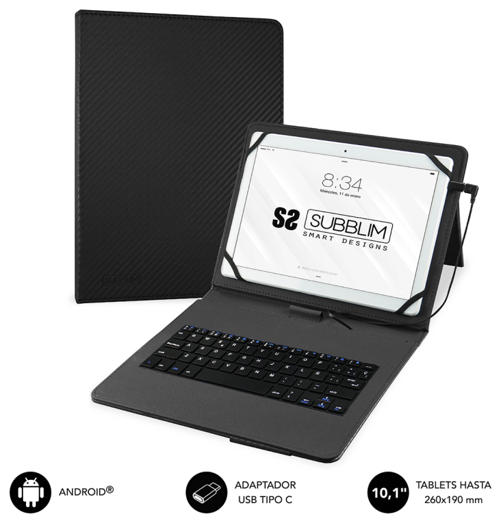 SUBBLIM Funda con Teclado Micro USB - USB C KEYTAB PRO USB 10.1" Black