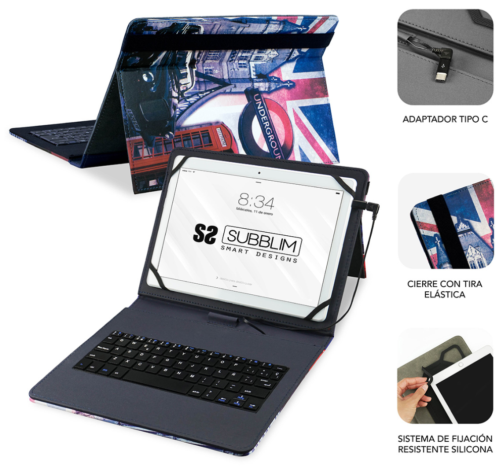 FUNDA TABLET SUBBLIM KEYTAB USB 10,1" ENGLAND - detalle