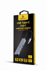 Base para portátil Gembird A-CM-COMBO5-03 con replicador de puertos USB 3.2 Gen 1 Type-C en color plata.