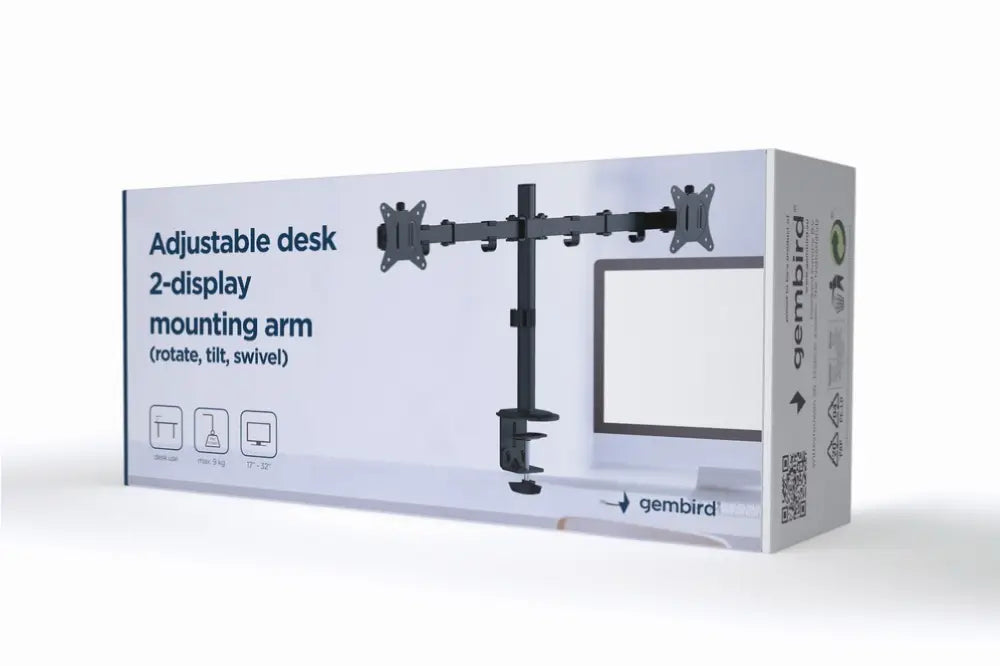 Soporte ajustable para monitor Gembird MA-D2-01, brazo de escritorio para pantalla de 32 pulgadas, negro, con rotación y inclinación.