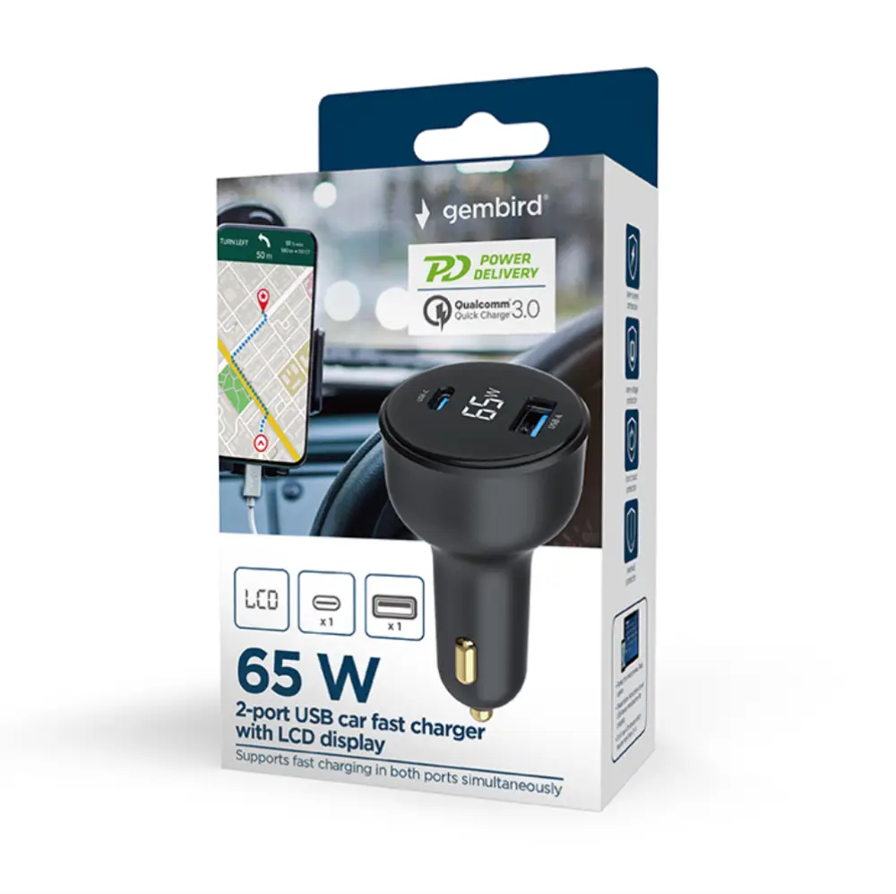 Gembird TA-UC-AC2PD65LCD-CAR-01 cargador de dispositivo móvil Universal Negro Encendedor de cigarrillos Carga rápida Aut