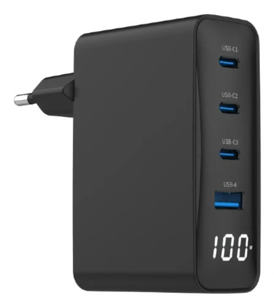 Cargador portátil Gembird TA-UC-PDQC100LCD-01-BK para smartphone negro, carga rápida y corriente alterna, vista del dispositivo.