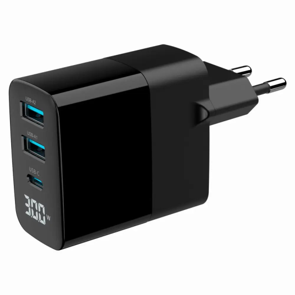 Cargador rápido USB Gembird TA-UC-PDQC30LCD-BK-02, universal, con 3 puertos y pantalla LCD en color negro para dispositivos móviles.