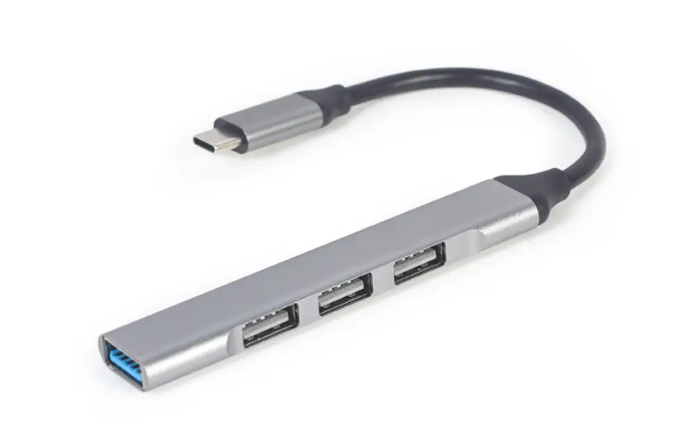 Hub USB Gembird UHB-CM-U3P1U2P3-03 en color plata con puertos Type-C y USB 3.2 Gen 1, transmisión de 5000 Mbit/s.