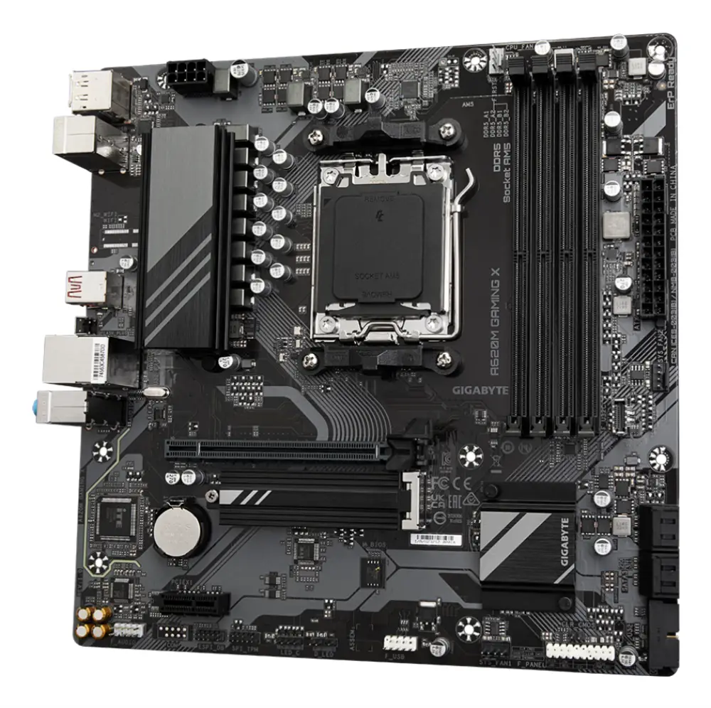 GIGABYTE A620M GAMING X Placa base - Soporta CPUs AMD Ryzen 8000. VRM digital de 8+2+1 fases. hasta 8000MHz DDR5 (OC). 1xPCIe 4.0 M.2. LAN GbE. USB 3.2 Gen 2 - detalle