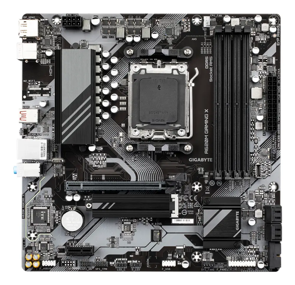 GIGABYTE A620M GAMING X Placa base - Soporta CPUs AMD Ryzen 8000. VRM digital de 8+2+1 fases. hasta 8000MHz DDR5 (OC). 1xPCIe 4.0 M.2. LAN GbE. USB 3.2 Gen 2 - detalle