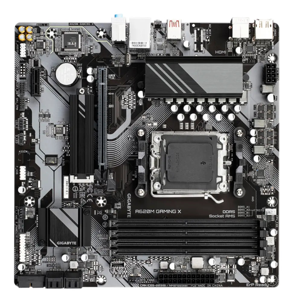 GIGABYTE A620M GAMING X Placa base - Soporta CPUs AMD Ryzen 8000. VRM digital de 8+2+1 fases. hasta 8000MHz DDR5 (OC). 1xPCIe 4.0 M.2. LAN GbE. USB 3.2 Gen 2 - detalle