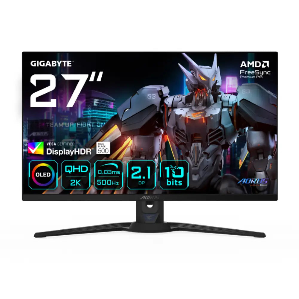 GIGABYTE AORUS FO27Q5P Monitor Gaming OLED QHD - 2560 x 1440. 500Hz. 0.03ms. KVM. 300 cd/m². FreeSync Premium Pro. DisplayHDR True Black 500. DisplayPort 2.1 - detalle