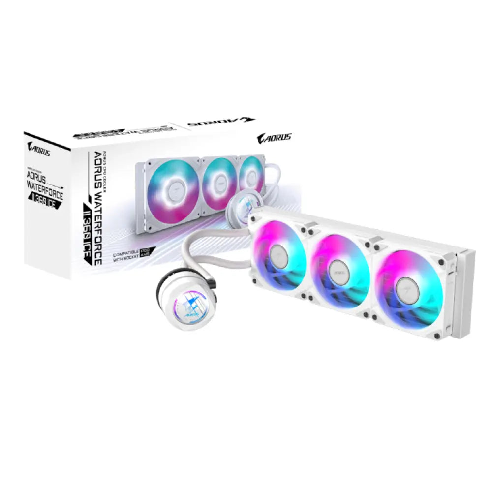 GIGABYTE AORUS WATERFORCE II 360 ICE Refrigerador de CPU líquido AIO - 3x ventiladores ARGB de 120 mm. mecanismo de conexión deslizante. DAISY-CHAIN. compatible con Intel LGA 1851 y AMD AM5 - detalle