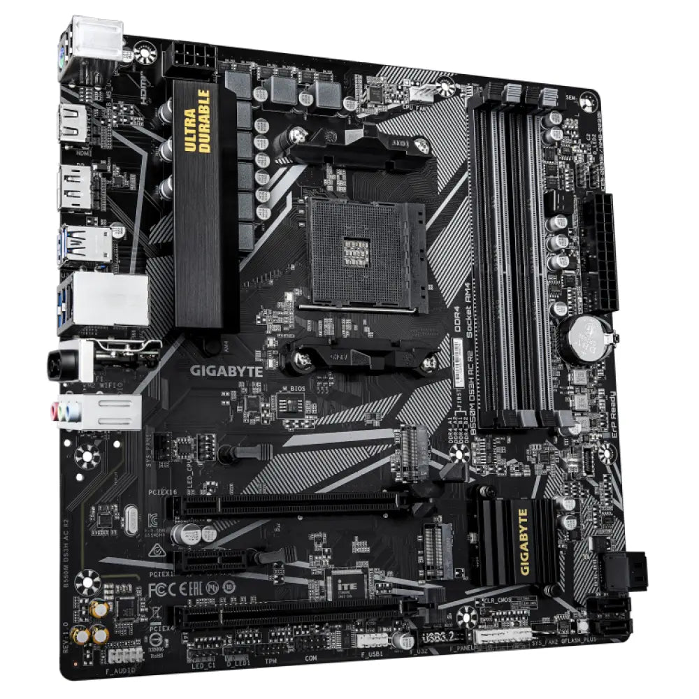 GIGABYTE B550M DS3H AC R2 Placa base - Procesadores AMD Ryzen 5000. VRM de 5+3 fases. hasta 4733 MHz DDR4 (O.C.). 1x M.2 PCIe 4.0 + 1x M.2 PCIe 3.0. Wi-Fi 5. LAN 1 GbE. USB 3.2 Gen 1 - detalle