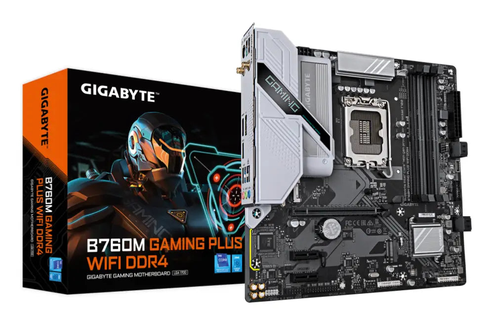 GIGABYTE B760M GAMING PLUS WIFI DDR4 Placa base - Compatible con procesadores Intel Core de 14ª generación. VRM de 4+1+1 fases. hasta 5333 MHz DDR4 (OC). 2xPCIe 4.0 M.2. Wi-Fi 6. LAN 1 GbE. USB 3.2 Gen 1 - detalle