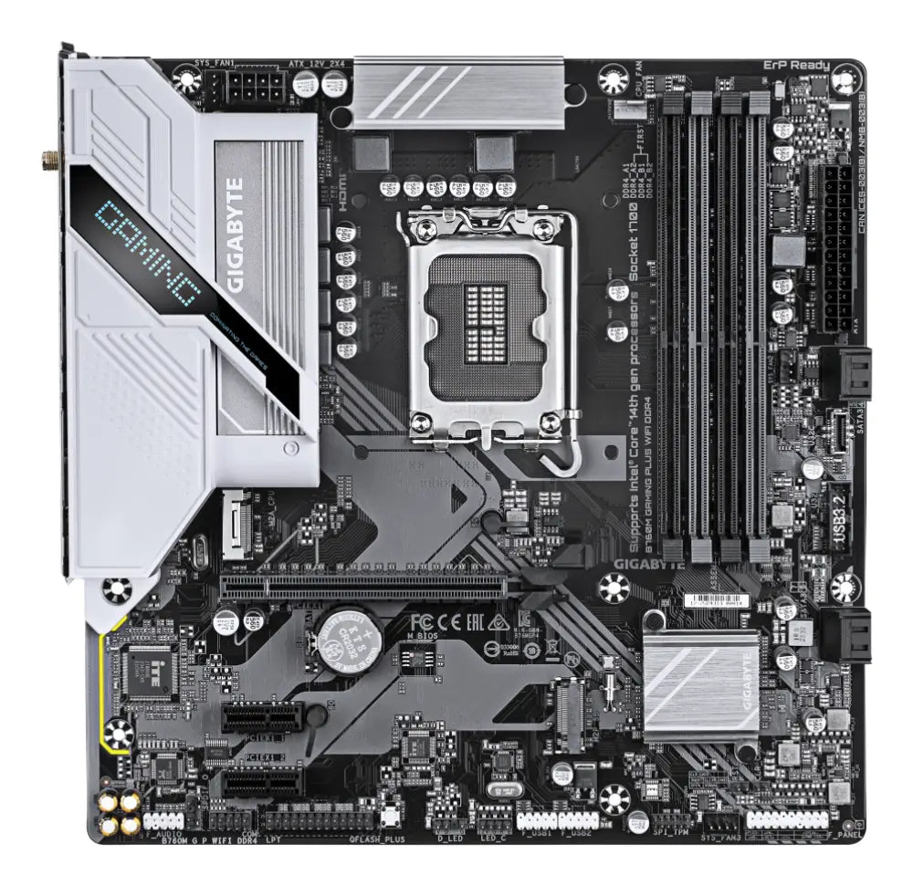 GIGABYTE B760M GAMING PLUS WIFI DDR4 Placa base - Compatible con procesadores Intel Core de 14ª generación. VRM de 4+1+1 fases. hasta 5333 MHz DDR4 (OC). 2xPCIe 4.0 M.2. Wi-Fi 6. LAN 1 GbE. USB 3.2 Gen 1 - detalle