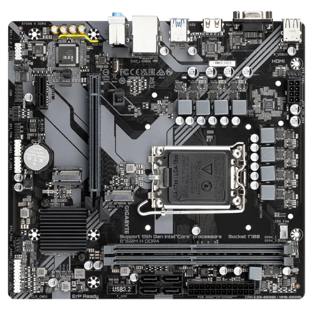 GIGABYTE B760M H DDR4 Placa base - Soporta CPUs Intel Core de 14ª generación. VRM digital de 6+1+1 fases. hasta 3200MHz DDR4 (OC). 2xPCIe 4.0 M.2. GbE LAN. USB 3.2 Gen1 - detalle