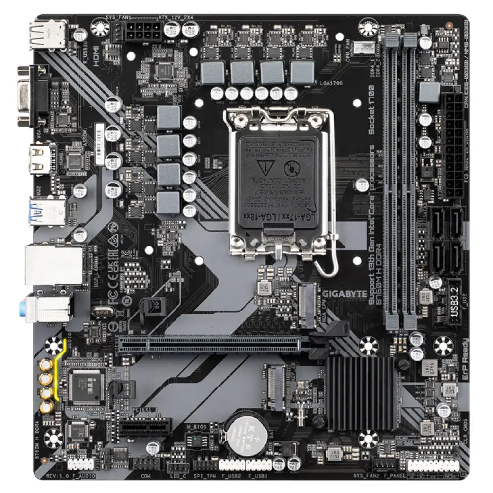 GIGABYTE B760M H DDR4 Placa base - Soporta CPUs Intel Core de 14ª generación. VRM digital de 6+1+1 fases. hasta 3200MHz DDR4 (OC). 2xPCIe 4.0 M.2. GbE LAN. USB 3.2 Gen1 - detalle