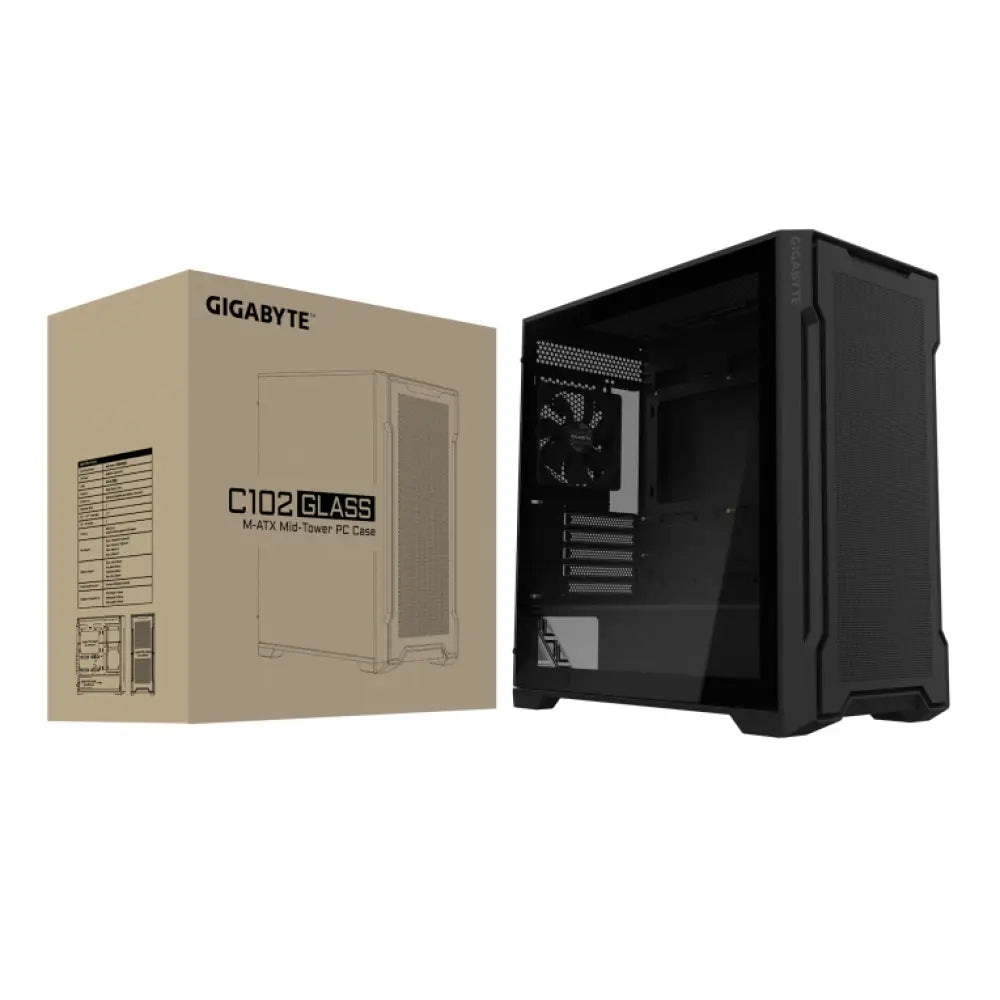 Chasis PC GIGABYTE C102 GLASS Midi Tower negro con panel lateral de vidrio y diseño moderno para ordenador gaming y oficina