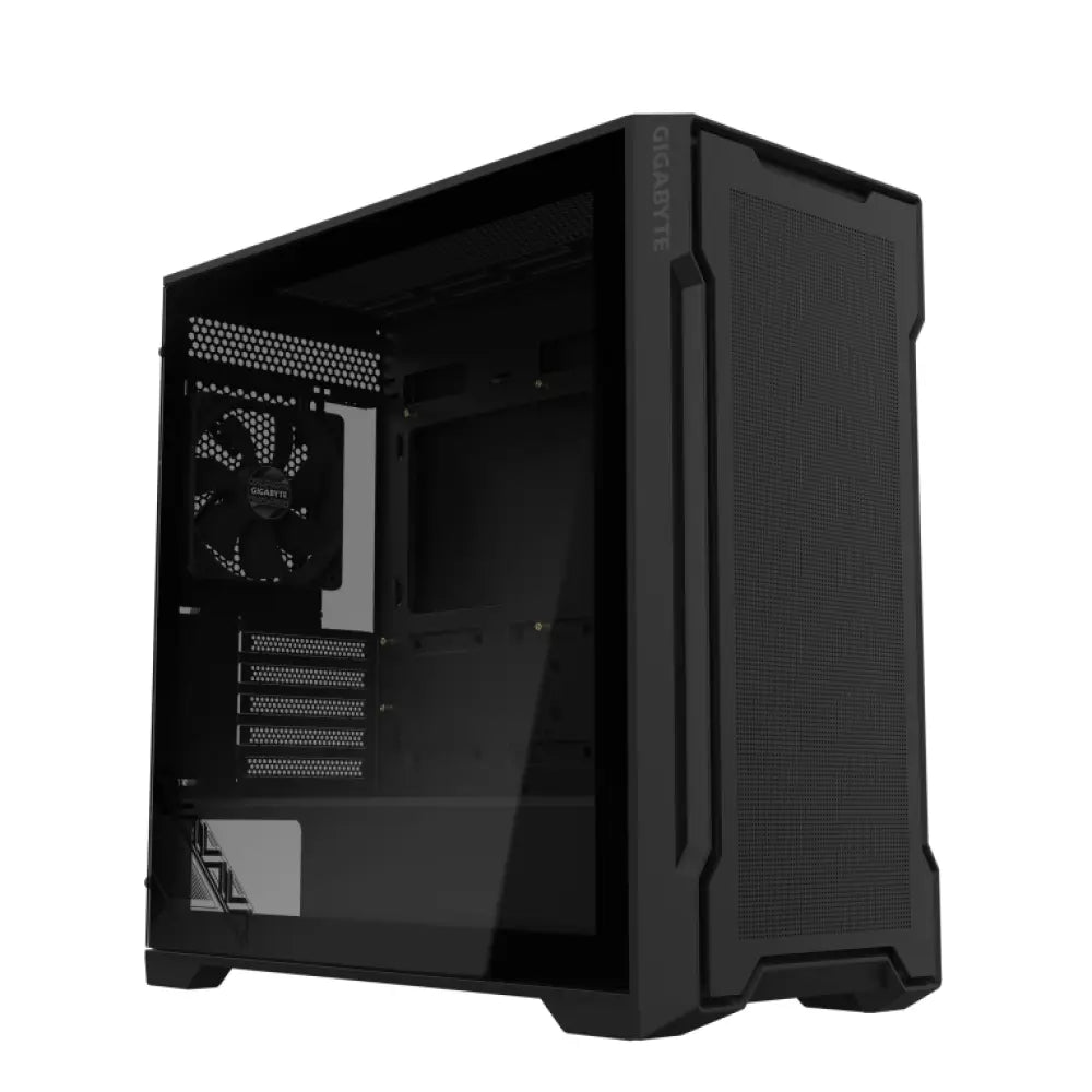 Chasis PC GIGABYTE C102 GLASS Midi Tower negro con panel lateral de cristal y ventilación avanzada.