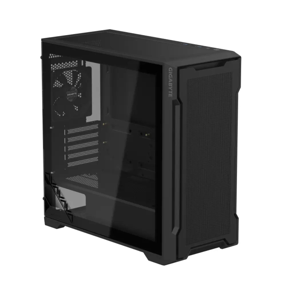 Chasis PC GIGABYTE C102 GLASS Midi Tower negro con panel lateral de vidrio y diseño moderno.
