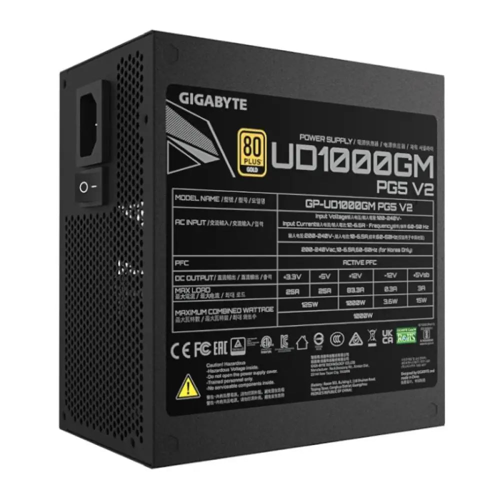 Fuente de alimentación GIGABYTE GP-UD1000GM PG5 V2 de 600W con cables modulares para componentes de PC.