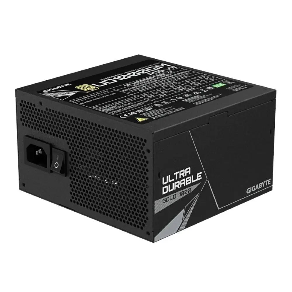 Fuente de alimentación GIGABYTE GP-UD1000GM PG5 V2 de 600W, vista de la unidad con cables y ventilador.