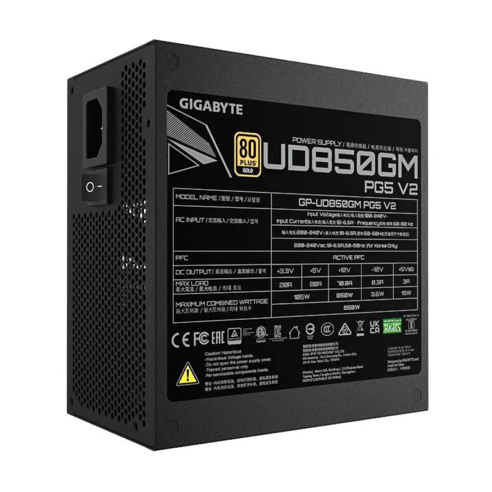 Fuente de alimentación GIGABYTE GP-UD850GM PG5 V2 de 850W, con ventilador y cables modulares, vista desde un ángulo cercano.