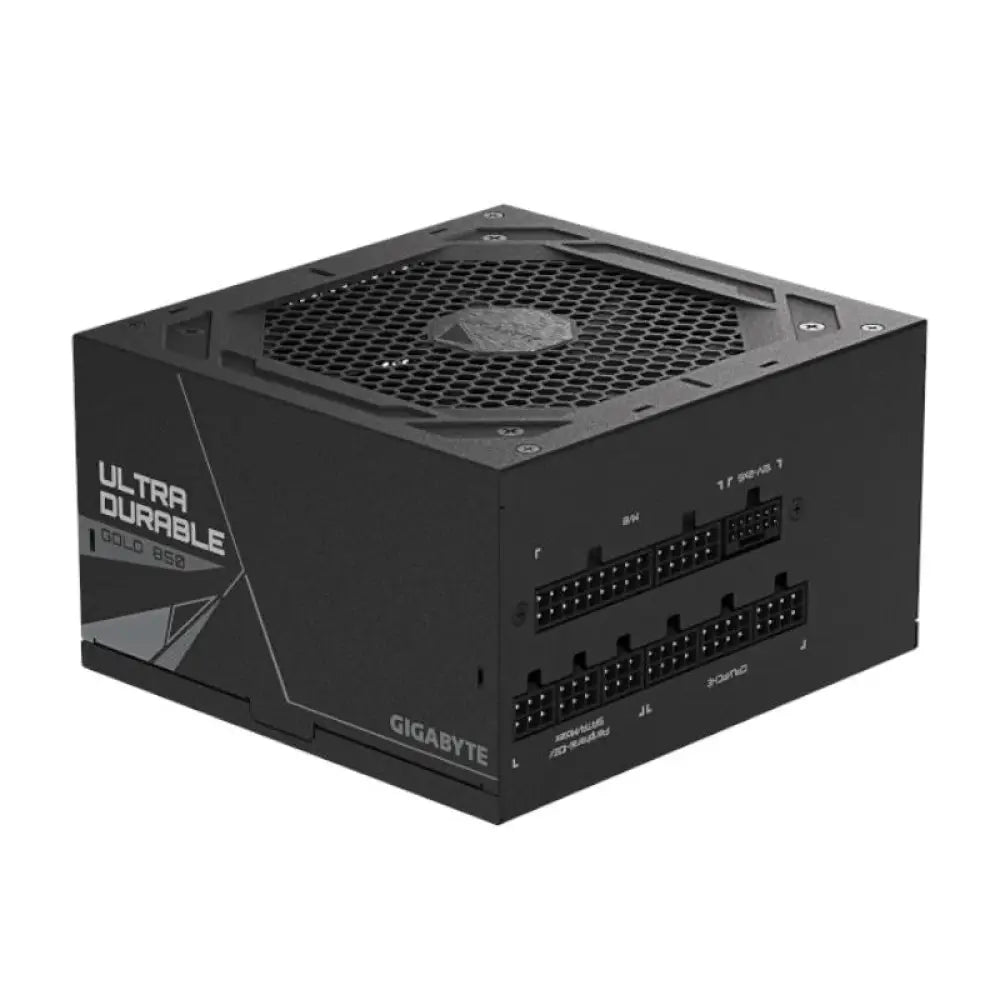 Fuente de alimentación GIGABYTE GP-UD850GM PG5 V2 de 850W, vista de la unidad con cables y ventilador.