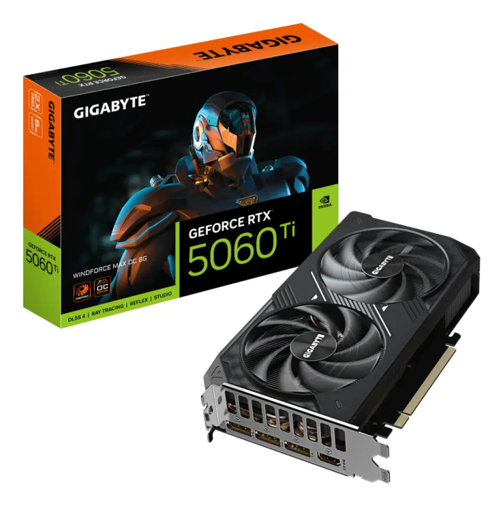Tarjeta gráfica GIGABYTE GeForce RTX 5060 Ti WINDFORCE MAX OC de 8GB GDDR7, vista de la tarjeta con disipador y conectores.