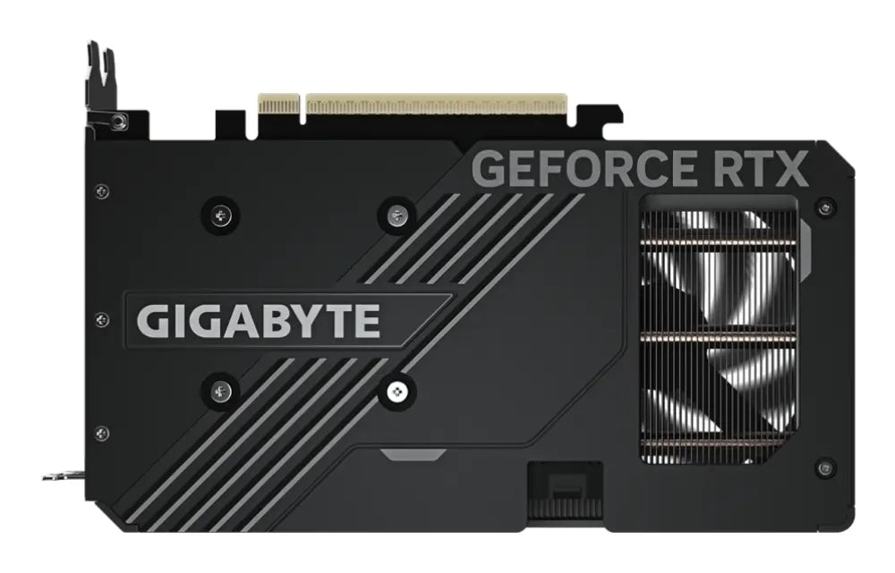 Tarjeta gráfica GIGABYTE GeForce RTX 5060 Ti WINDFORCE MAX OC 8G con disipador y conexiones traseras, vista desde el frente