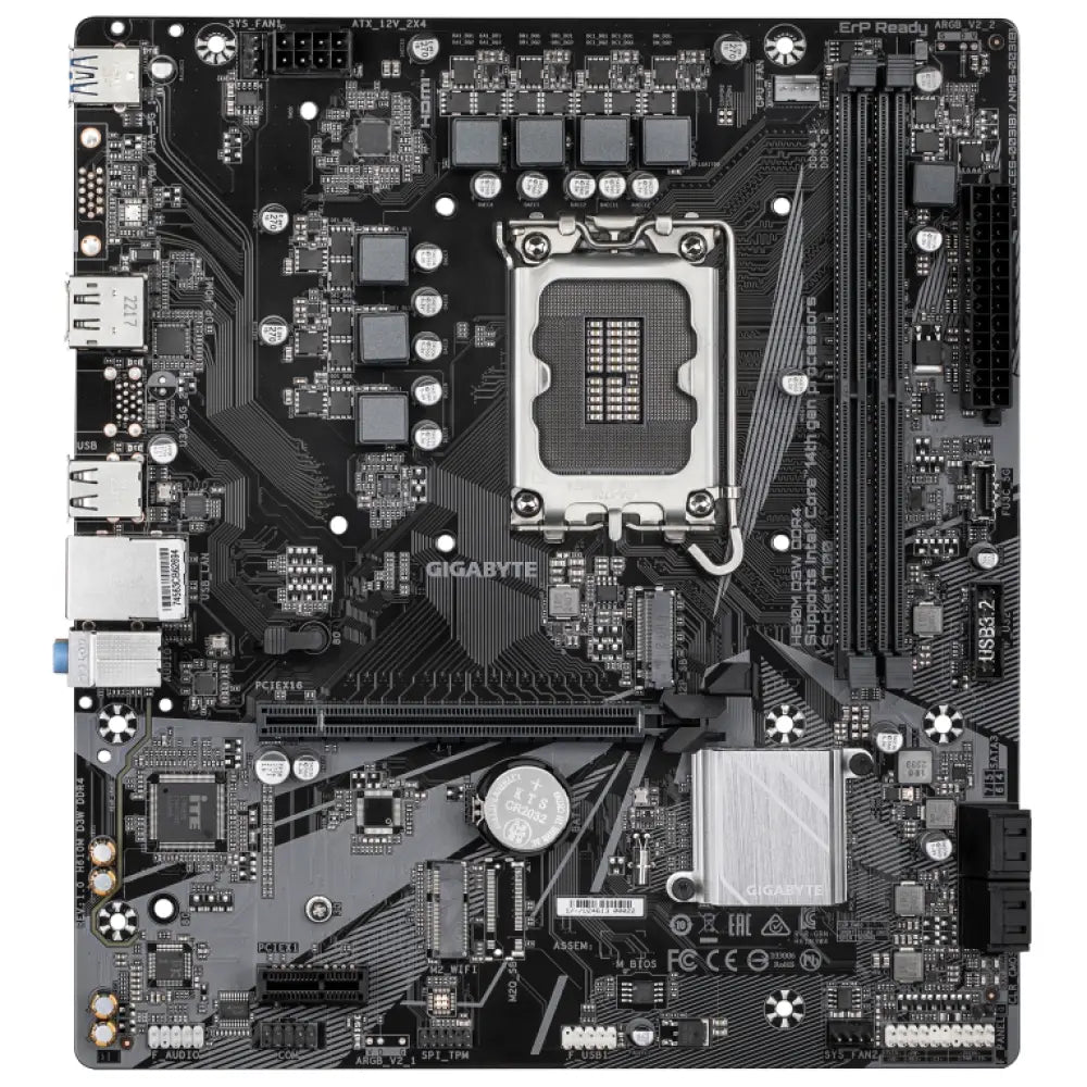 Placa base GIGABYTE H610M D3W DDR4 para procesadores Intel LGA 1700, micro ATX, vista frontal con puertos y ranuras RAM