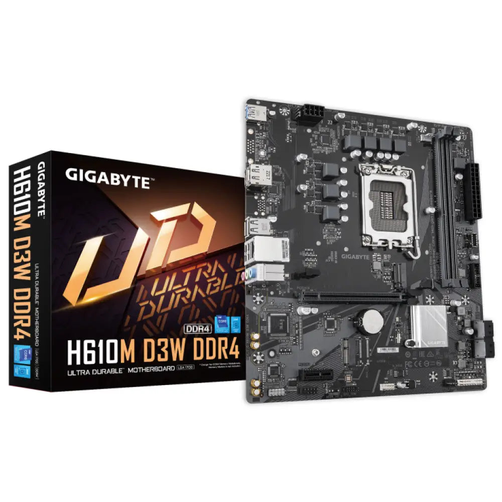 Placa base GIGABYTE H610M D3W DDR4 para Intel LGA 1700, micro ATX con ranuras y componentes visibles.