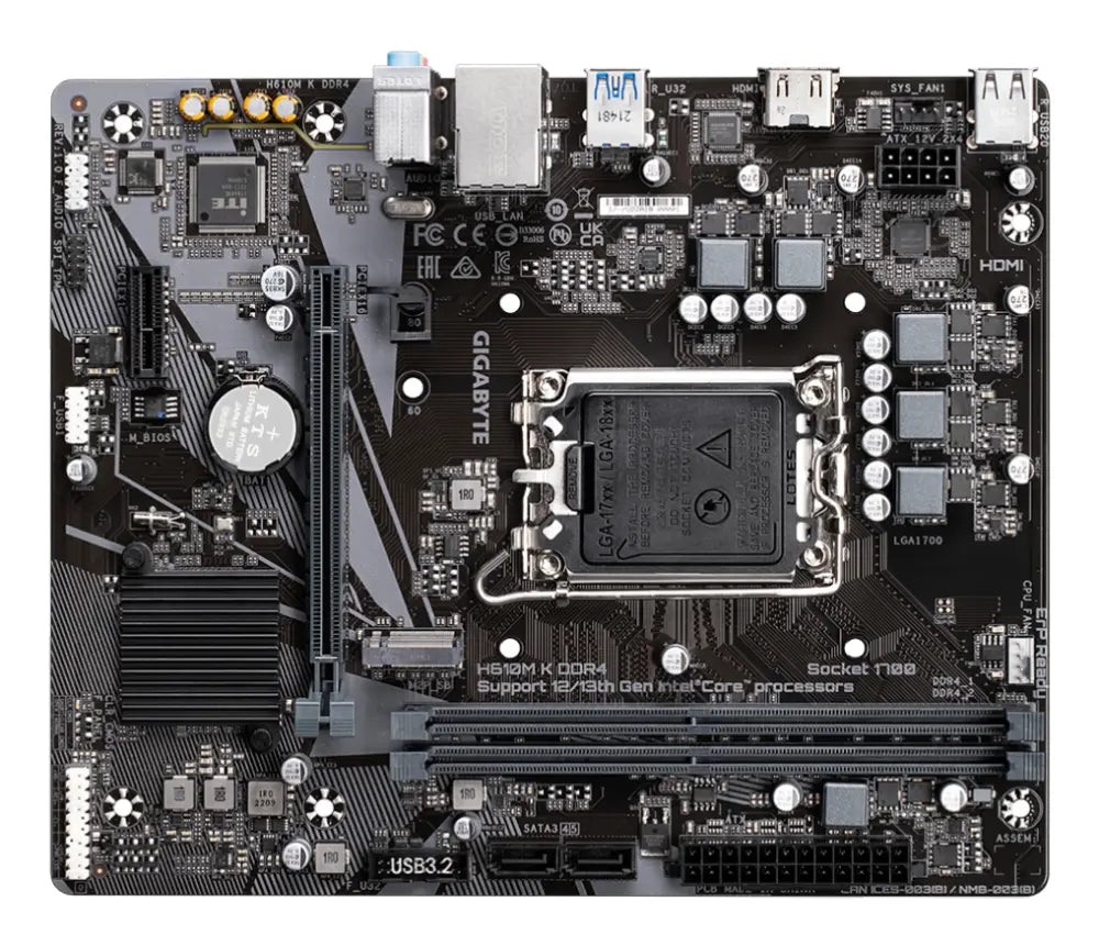 GIGABYTE H610M K DDR4 Placa base - Compatible con procesadores Intel Core 14th Gen CPUs. 3+1+1 Phases Hybrid Power Design. up to 3200MHz DDR4. 1xPCIe 3.0 M.2. GbE LAN. USB 3.2 Gen 1 - detalle