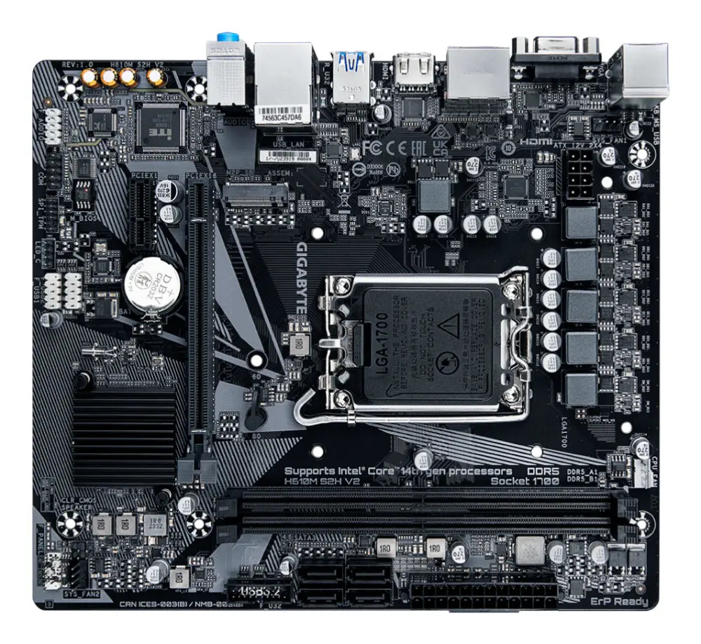 GIGABYTE H610M S2H V2 Placa base - Soporta CPUs Intel Core de 14ª generación. 4+1+1 Fases Híbridas VRM Digital. hasta 5600MHz DDR5. 1xPCIe 3.0 M.2. GbE LAN. USB 3.2 Gen 1 - detalle