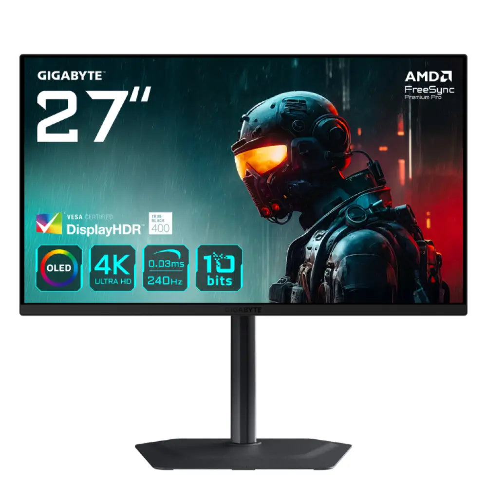 GIGABYTE MO27U2 OLED 4K UHD Gaming Monitor - 3840 x 2160. 240Hz. 0.03 ms. 1000 cd/m². Display HDR True Black 400. HDMI 2.1. DisplayPort 1.4 - detalle